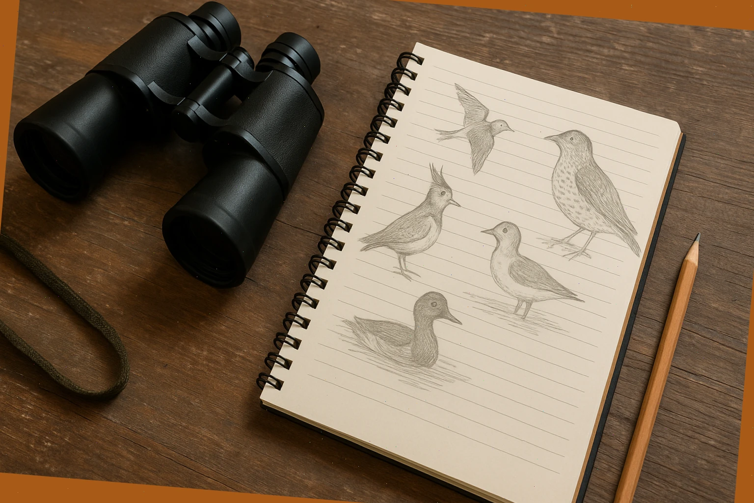 Notebook with bird sketches beside binoculars