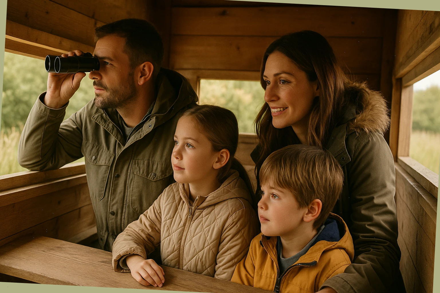Family group looking through hide windows