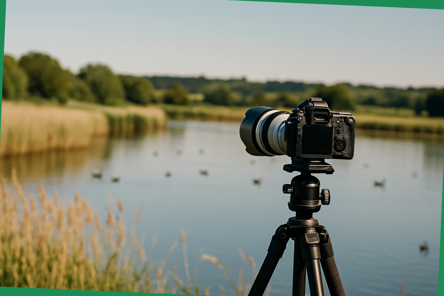 Tripod and camera facing open water with birds