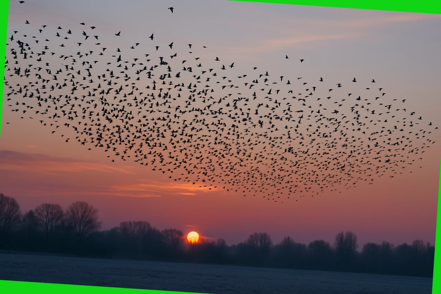 Large flocks gathering in a frosty evening sky